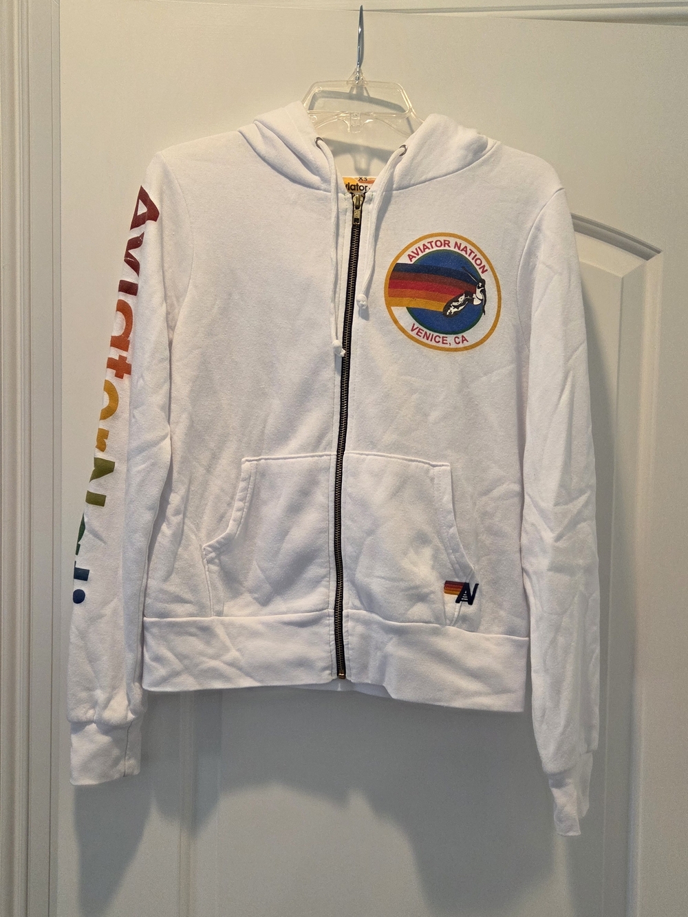 Aviator Nation White Zip-Up Hoodie with Rainbow Logo